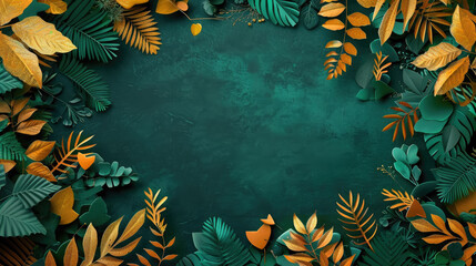 autumn golden leaves frame a green empty background, copyspace, space for text, postcard, fall, plants, flowers, nature, yellow, gold, sheet of paper, cut out natural ornament, patterns, wallpaper