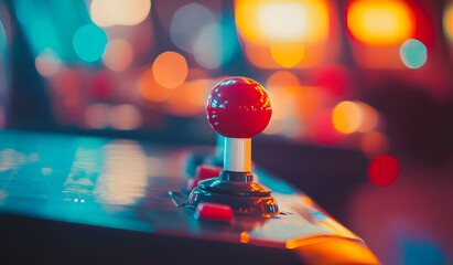 Close up of arcade game machine with joysticks and buttons, blurred background, focus on the gaming action. Vintage video games concept.