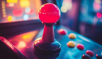 Close up of arcade game machine with joysticks and buttons, blurred background, focus on the gaming action. Vintage video games concept.