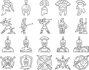 Obraz premium spartan warrior helmet icons set vector. roman sparta, battle armor, gladiator soldier, greek ancient, head centurion, knight spartan warrior helmet black contour illustrations