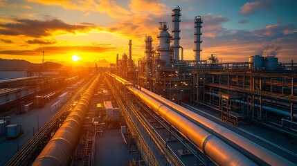 Sunset over Industrial Petrochemical Processing Pipeline and Manufacturing Facility