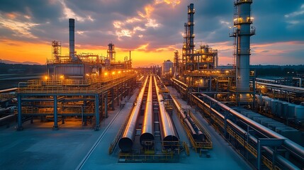 Sunset over Bustling Petrochemical Plant with Pipelines and Production Facilities