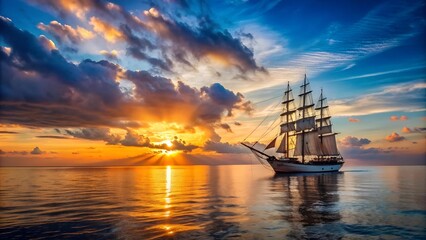 Obraz premium Golden Hour on the Open Sea: A Deck View from a Sailing Ship generative AI