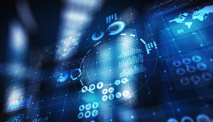 Business intelligence Marketing strategy Trading investment application on virtual screen. Technology concept.