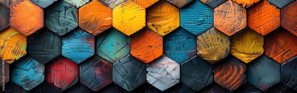 Poster a close-up of a wall with a repeating pattern of colorful hexagons