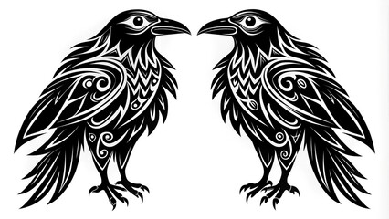 Fototapeta premium Twin Ravens of the North: A Tribal Silhouette of Hugin and Munin Generative AI