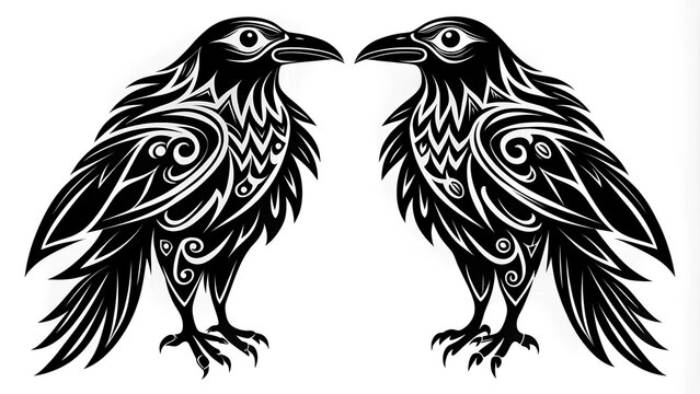 Twin Ravens of the North: A Tribal Silhouette of Hugin and Munin  Generative AI