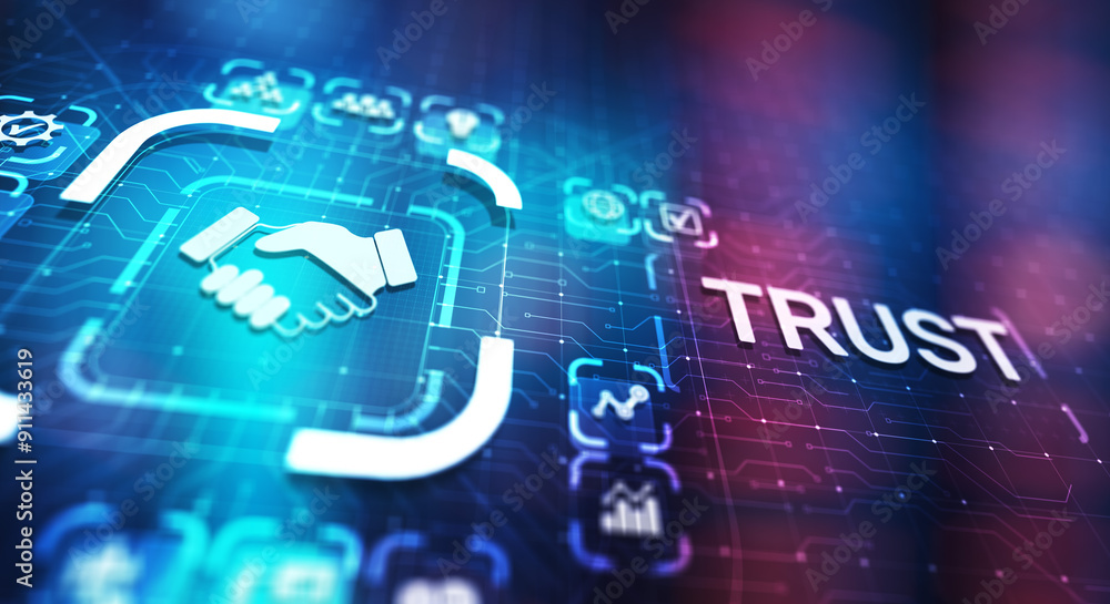 Poster trust customer relations reliability business concept. pointing and pressing on virtual screen.