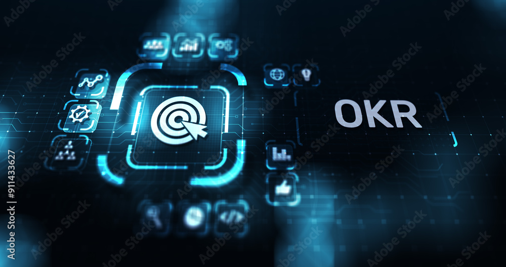 Poster objective key results business technology process improvement concept on virtual screen.