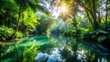 Naklejka premium Emerald Embrace: A Serene Water Pond Hidden in the Heart of the Jungle Generative AI