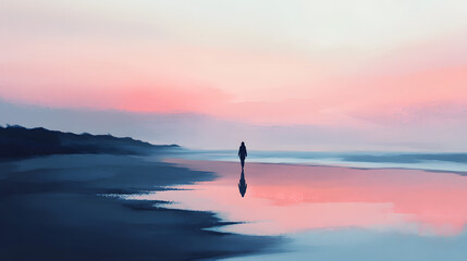 Fototapeta premium Silhouette of a person walking on a beach at sunrise with pink sky and reflections in the wet sand.