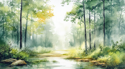 Obraz premium Watercolor landscape of a tranquil forest Water color on white background