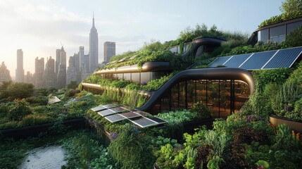 Fototapeta premium Urban Oasis: Green Roof & Solar Power Embrace Cityscape