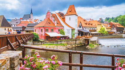 Summer cityscape - view of the Old Town of Cesky Krumlov and the Vltava river flowing through it, Czech Republic