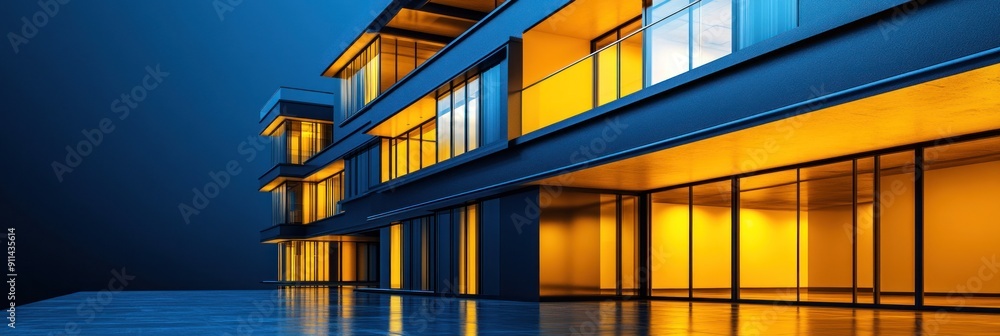 Poster a striking modern building is being constructed with glowing windows at twilight