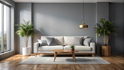 Fototapeta premium Minimalist Modern Living Room with White Sofa for Art Mockup AI generated