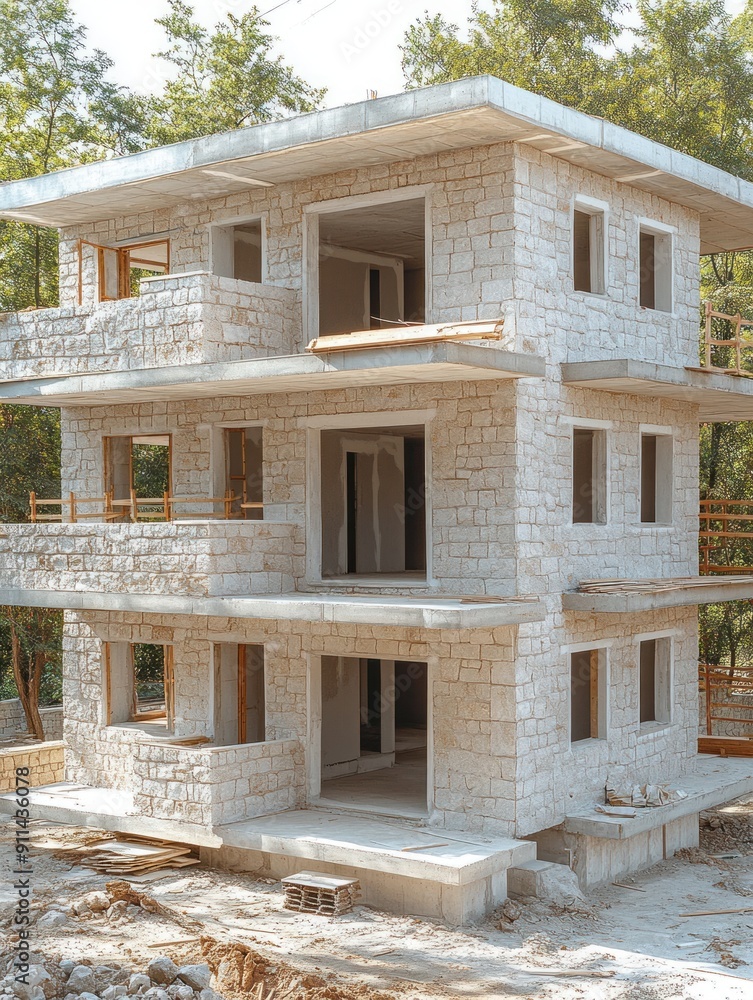 Poster a large stone building under construction with scaffolding and open windows