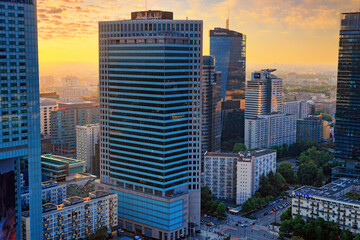 Cityscape at sunset - top view of the Downtown district of Warsaw with high-rise buildings, located...