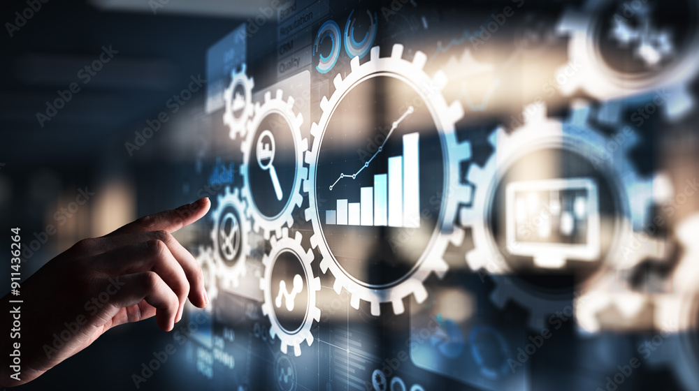 Poster big data analysis, business process analytics diagrams with gears and icons on virtual screen.