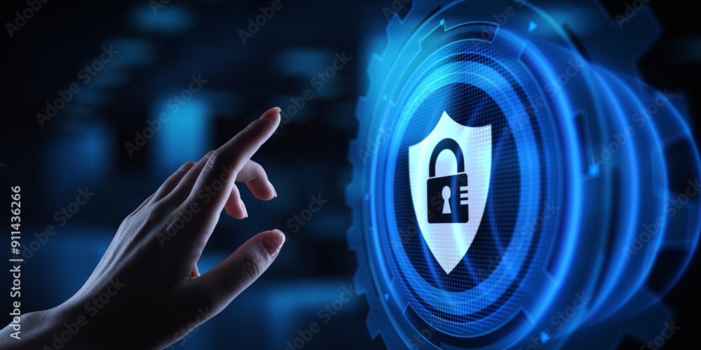Poster cyber security, information privacy, data protection. internet and technology concept on virtual scr