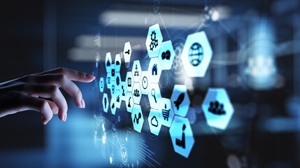 Mixed media, Business intelligence icons on virtual screen, analysis and big data processing dashboard. Business and modern information technology concept.