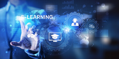 E-learning, Online education, internet studying. Business, technology and personal development concept on virtual screen.