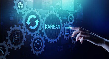 Kanban work flow process management system concept on virtual screen.