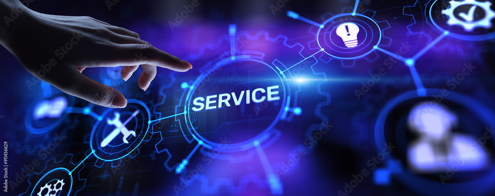 Poster service support customer help call center business technology button on virtual screen.