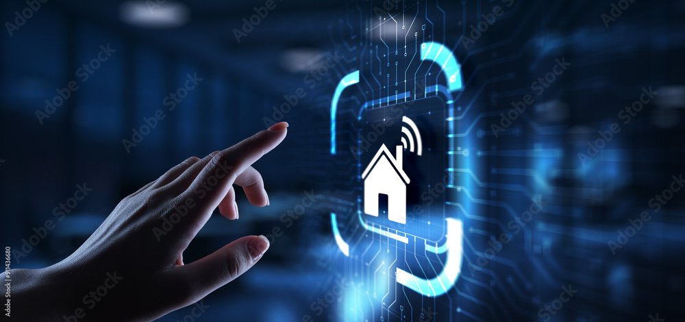 Poster smart home control panel on virtual screen. iot and automation technology concept.