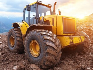 Obraz premium Heavy machinery is working on a construction site surrounded by dirt and rocks