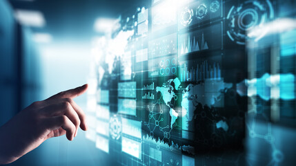 Business intelligence dashboard with graph and icons. Big data. Trading and investment. Modern technology concept on virtual screen.