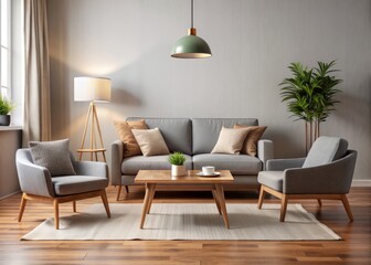Elegant modern living room interior featuring a grey sofa, matching armchair, wooden coffee table, and stylish lamp on a minimalist background.