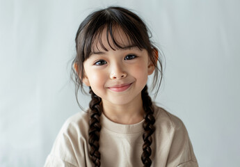 A smiling young girl with long braids and a yellow sweater stands against a plain background. Her bright eyes and happy expression convey a sense of joy and charm.