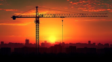 A construction team operates a crane as the sun sets over the skyline