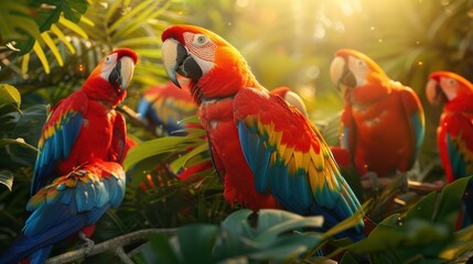 a group of scarlet macaws gathers, their vivid plumage glowing under the warm rays of the sun. This image captures the exotic beauty and lively spirit of these magnificent birds.