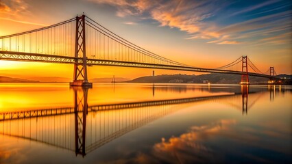 Golden Hour Reflection: The 25 de Abril Bridge in Lisbon at Sunset  AI generated