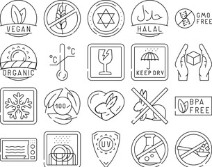 product caution label warning icons set vector. vegan, gluten free, fair trade, temperature sensitive, kosher, halal, gmo free product caution label warning black contour illustrations