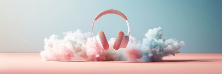 A pair of headphones is suspended in the air, surrounded by a cloud of pink by AI generated image