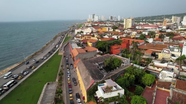 Beautiful aerial view of the walled city of Cartagena de Indias, in Colombia - the Santuario de San Pedro Claver, Torre del Reloj and the Catedral de Santa Catalina de Alejandr&iacute;a
