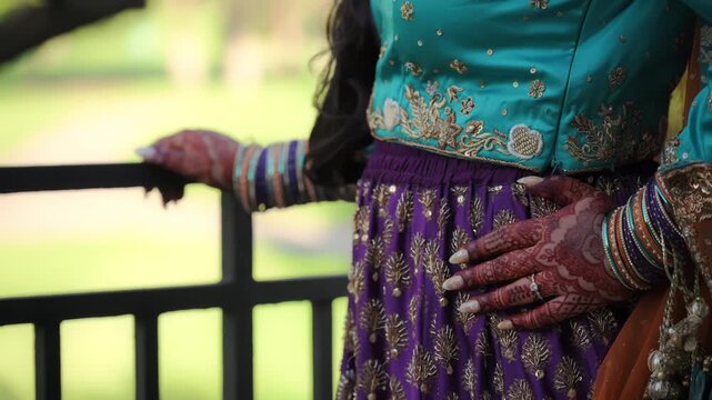 Woman Dressed in traditional Indian clothes, Elements of hindi wedding. Close up
