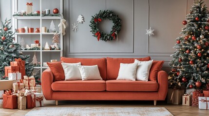 Festive living room adorned with Christmas trees, wreath, and decorations, centered by a cozy orange sofa with white pillows, creating a warm holiday atmosphere.