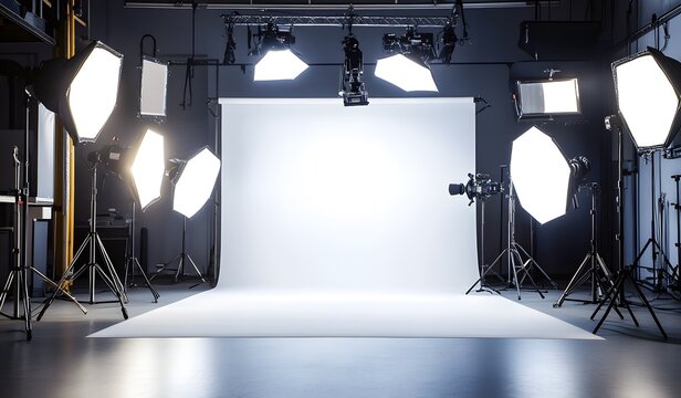 A professional photo studio with lighting equipment and white backdrop, illuminated by soft lights for product photography