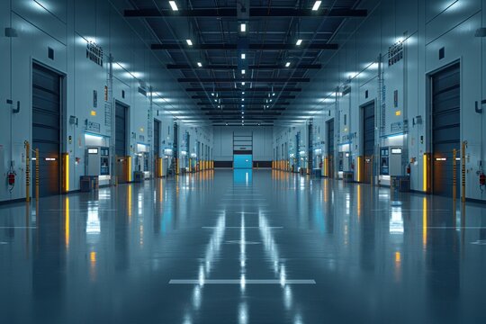 Empty warehouse interior with numerous loading bays, bright lights, and a smooth, reflective floor