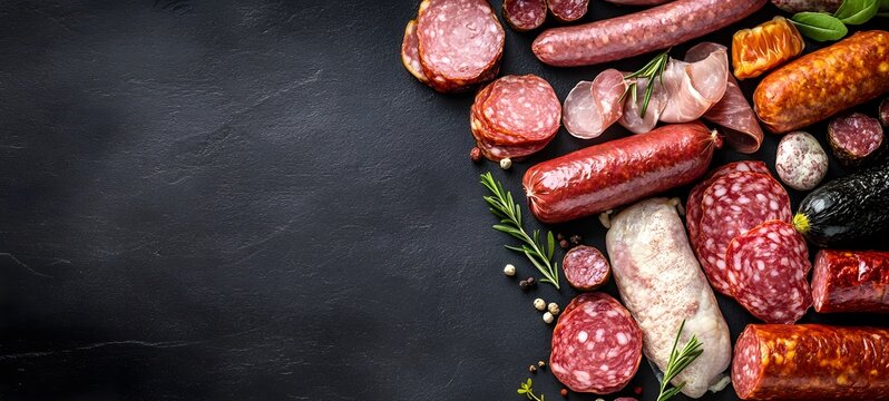 Black background with various cold cuts, meat products and sausages on the right side of the picture. Top view, copy space for text.