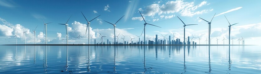 A vibrant city skyline with towering buildings and numerous wind turbines, showcasing a sustainable future with clean energy sources ,The images are of high quality and clarity