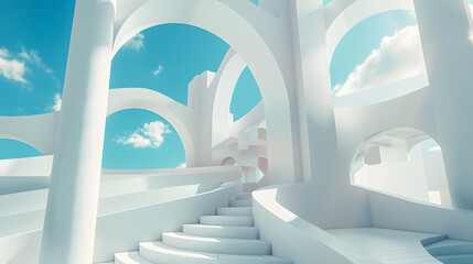A surreal white architectural scene featuring modern, abstract structures under a bright blue sky with scattered clouds.