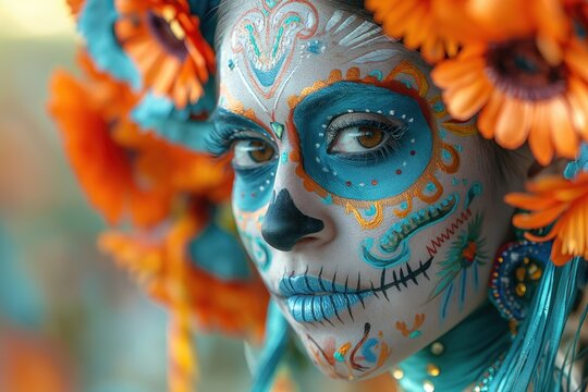 Experience a vibrant and colorful Day of the Dead celebration featuring stunning sugar skull makeup