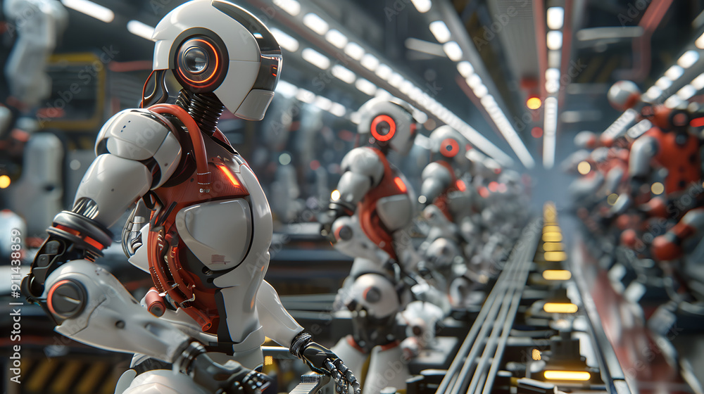 Poster robots on an automated assembly line in a high-tech factory, illustrating advanced robotics and manu
