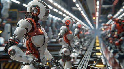 Fototapeta premium Robots on an automated assembly line in a high-tech factory, illustrating advanced robotics and manufacturing technology.