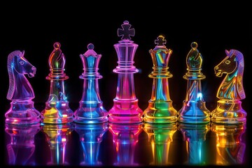 Glass chess set bathed in neon light, illuminated pieces in vibrant hues, dark backdrop, striking visual effect ,The images are of high quality and clarity